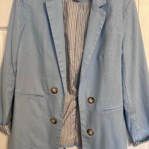 Linen blend H Halston Open 4 buttons front Baby Blue Blazer Sz S 🐧